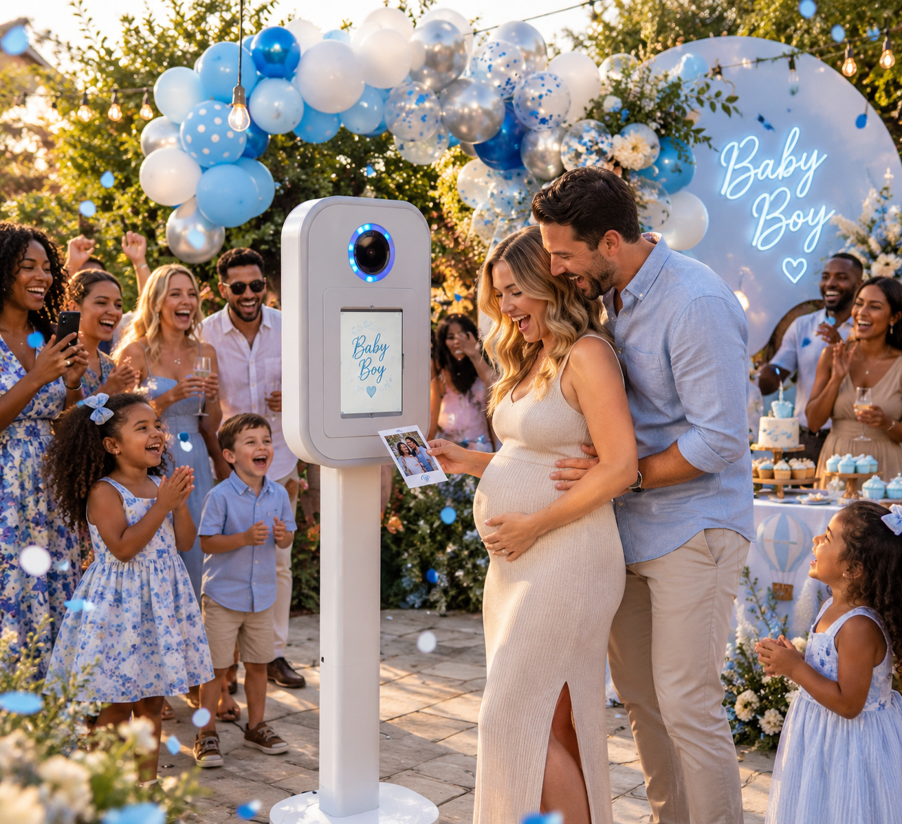 Parents-to-be celebrating a baby boy gender reveal with a Photo Pod and blue balloon display