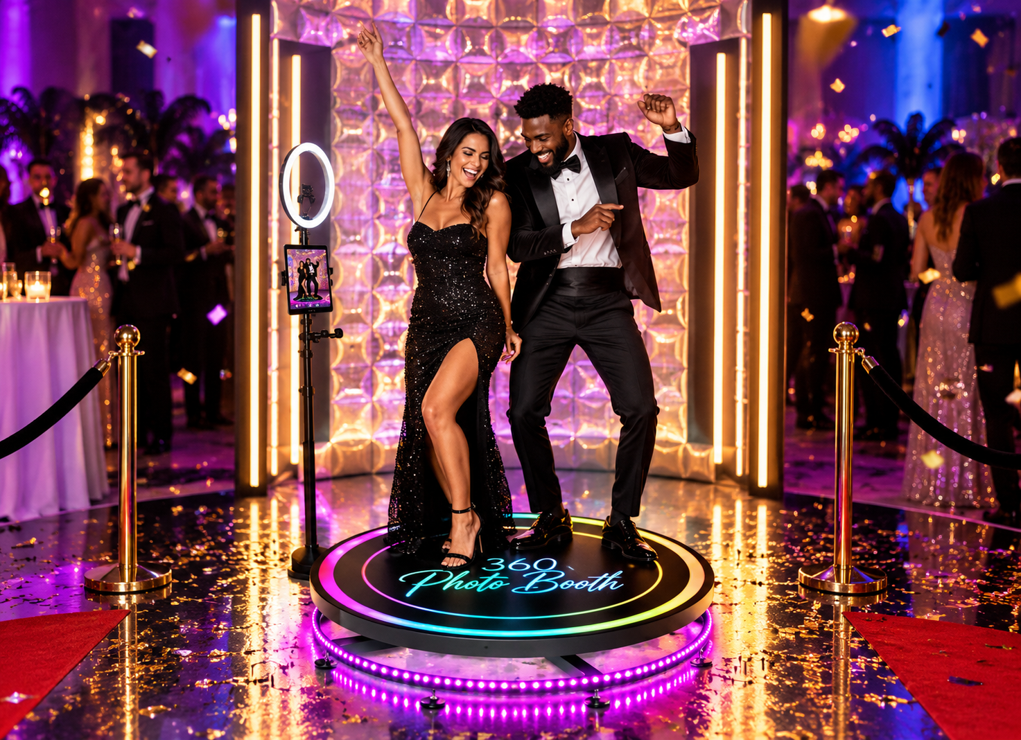Guests celebrating on an illuminated 360 photo booth platform at a party